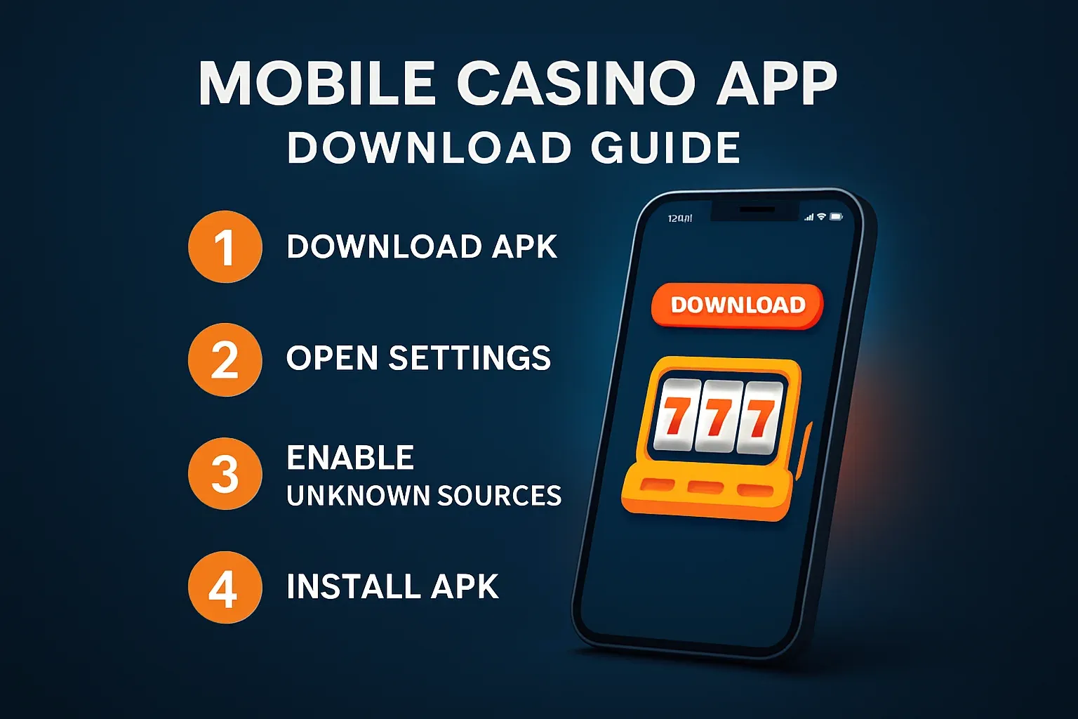 Step-by-step infographic showing mobile casino app APK installation on Android phone