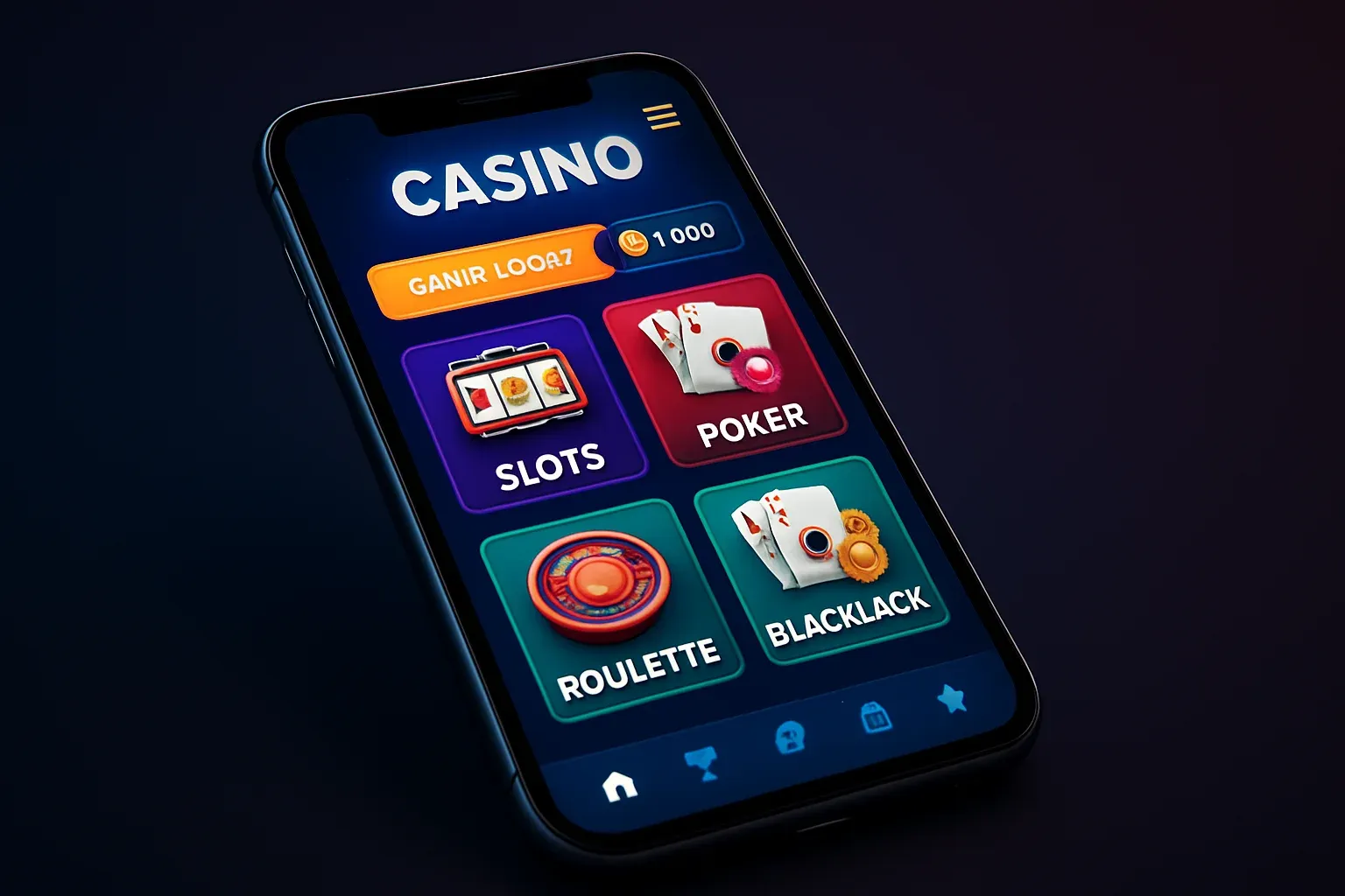 Android smartphone mockup showing casino mobile app game lobby interface