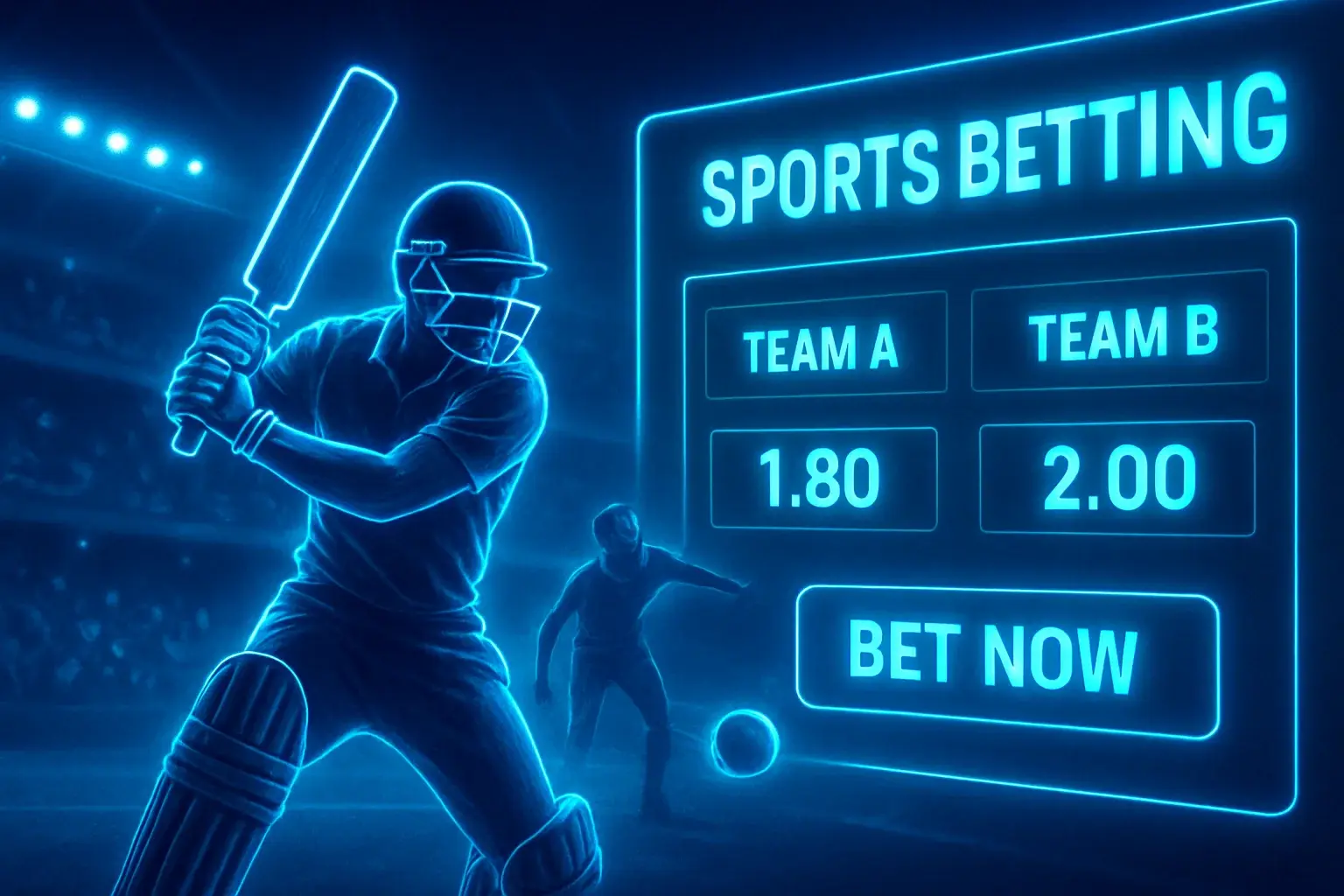 Sports betting banner with cricket action, stadium crowd, and interface overlay