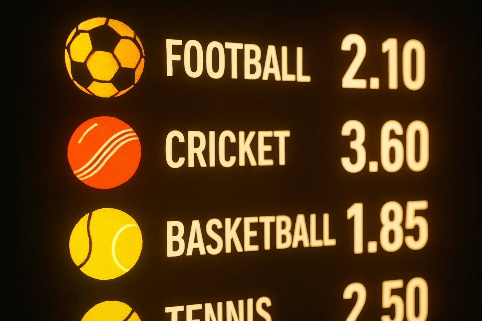 Sports betting markets screen with football cricket basketball tennis icons and odds