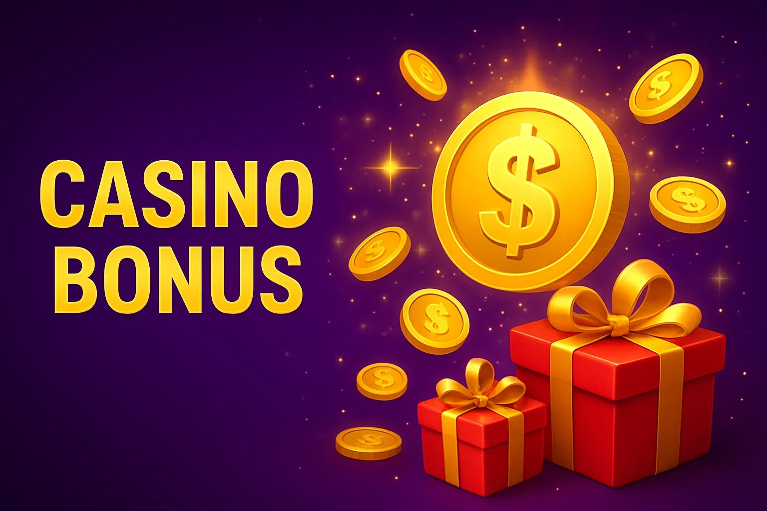 Casino bonus banner with golden coins, gift boxes, and sparkling rewards