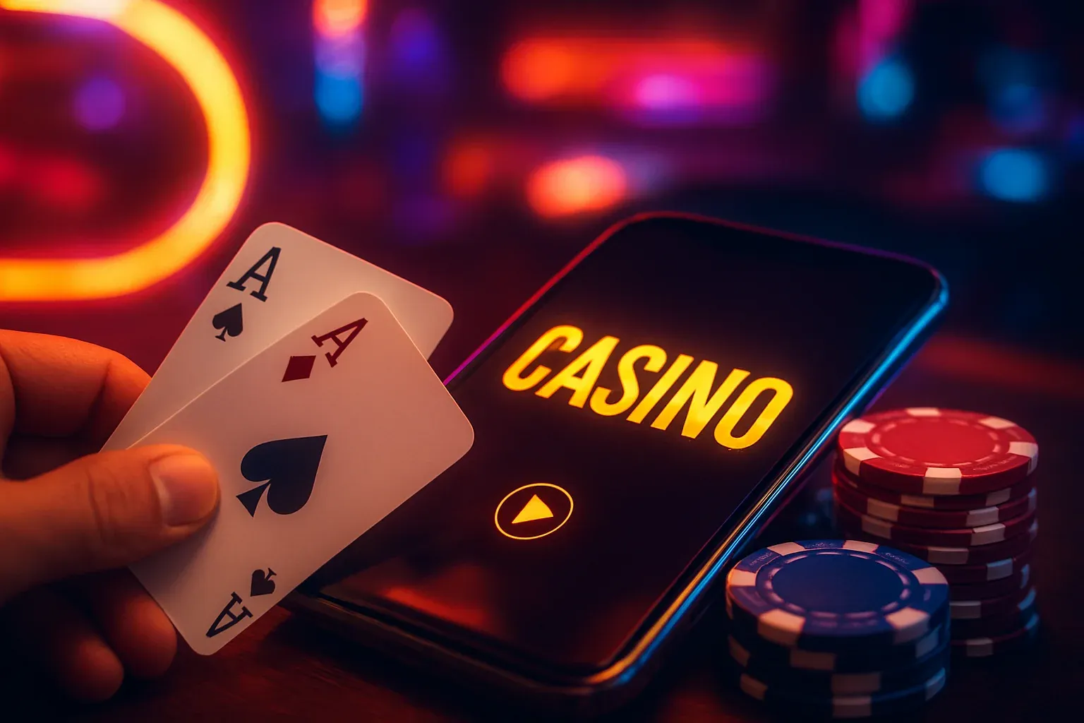 Luxury online casino hero banner with neon lights, chips and cards