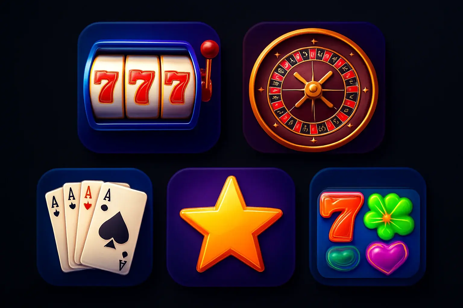 Popular casino game icons with slots, roulette, cards on dark background