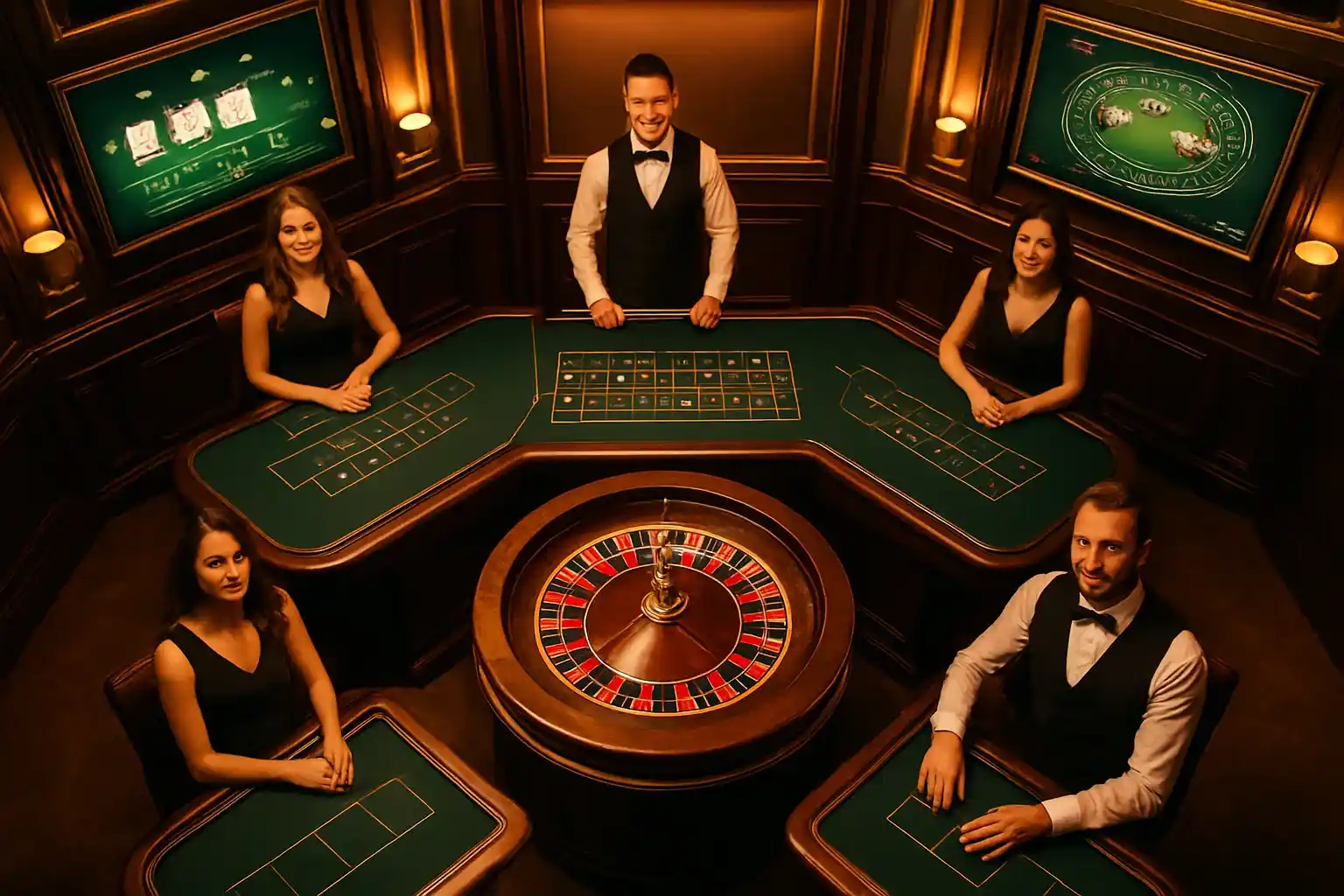 Elegant live casino studio with dealers and roulette and blackjack screens