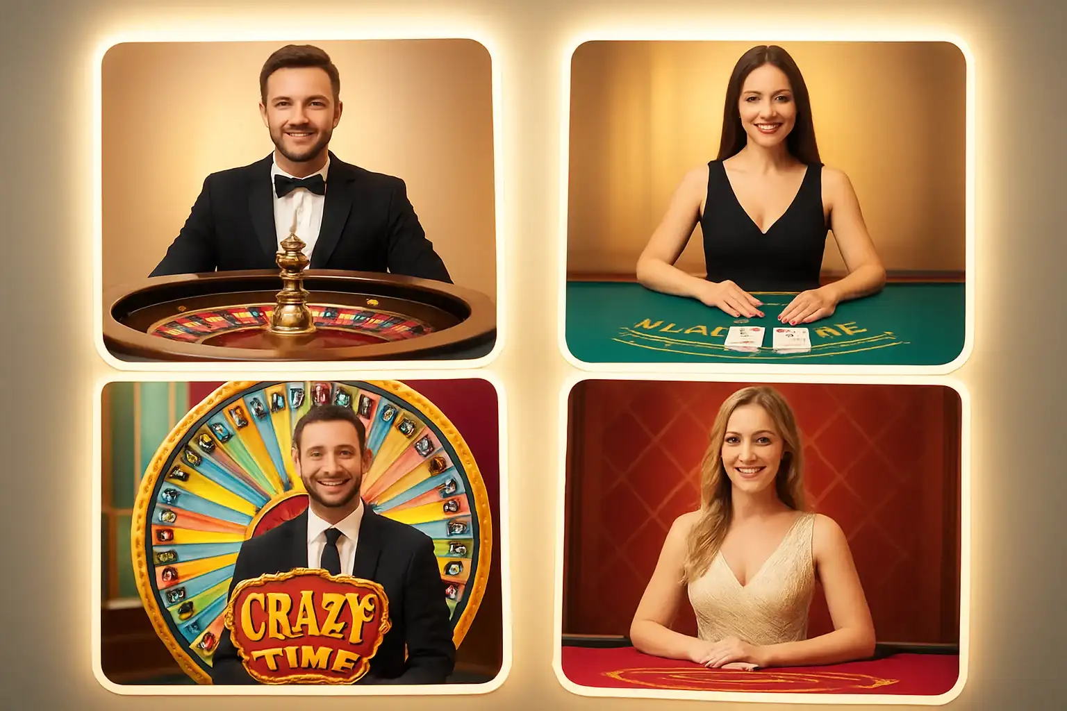 Live casino game cards with roulette, blackjack, Crazy Time, and dealer