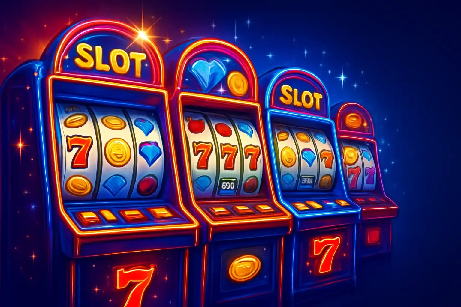 Colorful casino slot machines collage with reels, coins, diamonds, and 7s