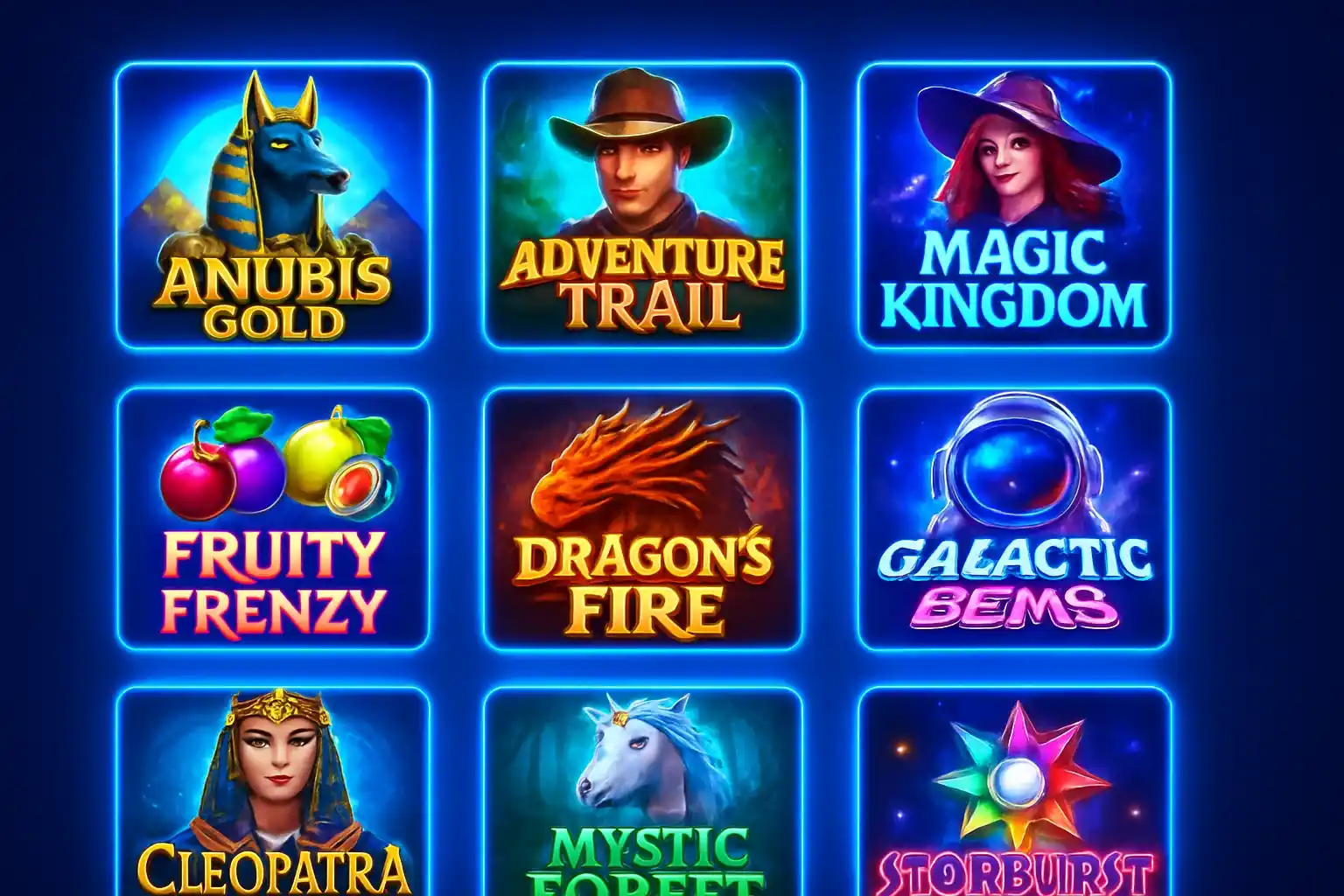 Grid of colorful slot game thumbnails with Egypt, fantasy, fruit, sci-fi themes